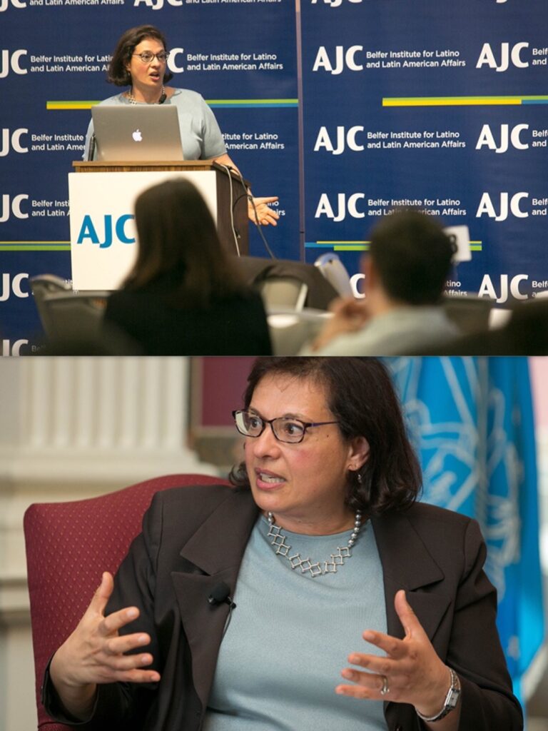 Sonia Nazario, author of "Enrique's Journey" speaks at Adas Israel to a packed house about the current state of immigration, particularly as it pertains to children, from Central America to the United States at an event hosted by the American Jewish Committee's Arthur and Rochelle Belfer Institute for Latino and Latin American Affairs in partnership with KIND, Kids in Need of Defense, on Tuesday, April 19, 2016. // Sonia Nazario, author of "Enrique's Journey" speaks at the Library of Congress to members of Congress and their staff about the current state of immigration, particularly as it pertains to children, from Central America to the United States at an event hosted by the American Jewish Committee's Arthur and Rochelle Belfer Institute for Latino and Latin American Affairs on Tuesday, April 19, 2016.